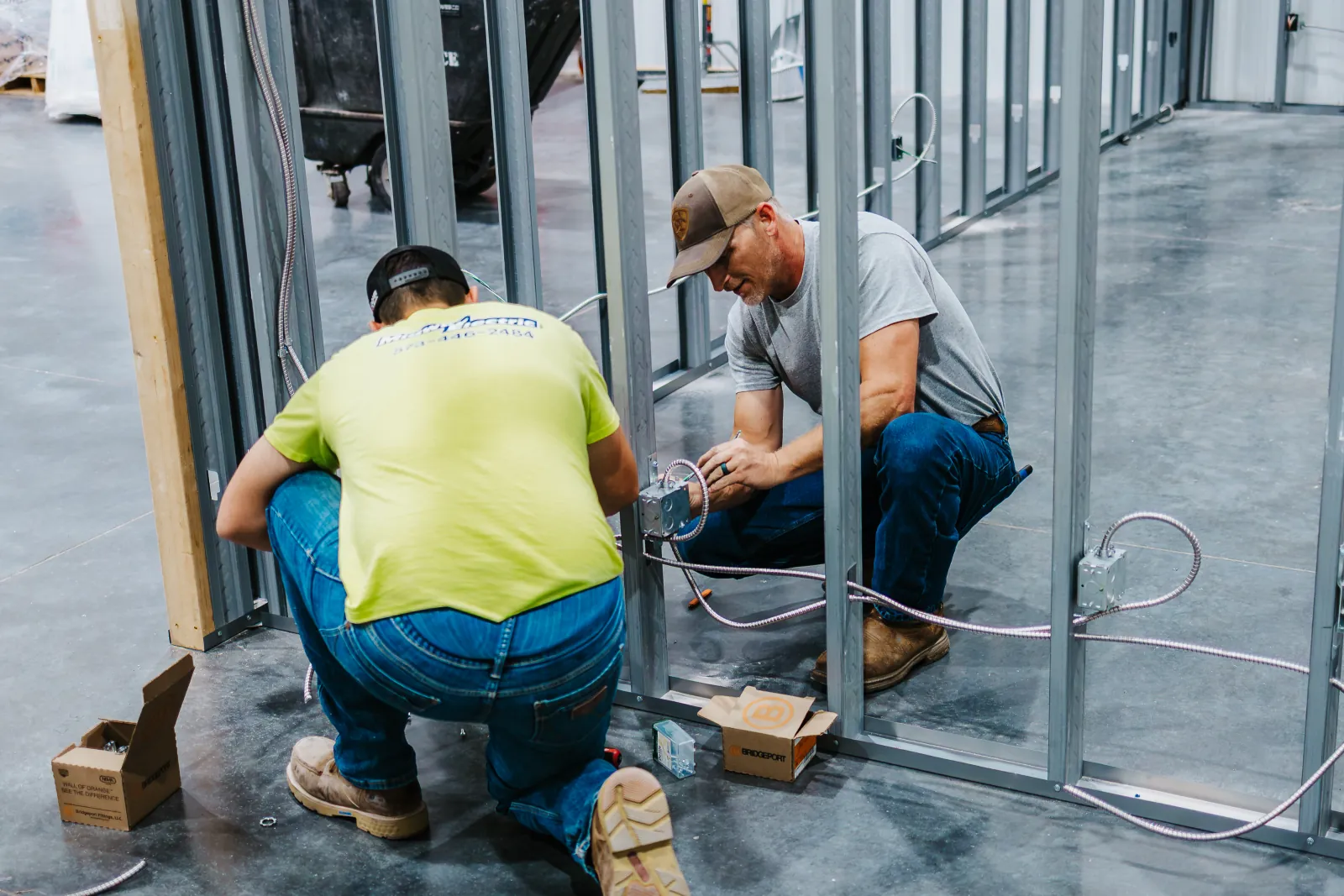 A Midway Electric crew wiring a commercial rough-in in mid-Missouri
